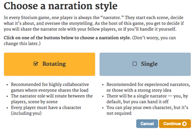 Screenshot of the screen for choosing a game’s narration style